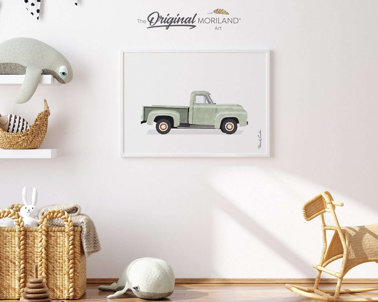 Sage Green Old Truck Print, Pickup Truck Wall Art, Car Print, Nursery Prints, Car Printable Poster, Toddler, Transportation Art, MORILAND