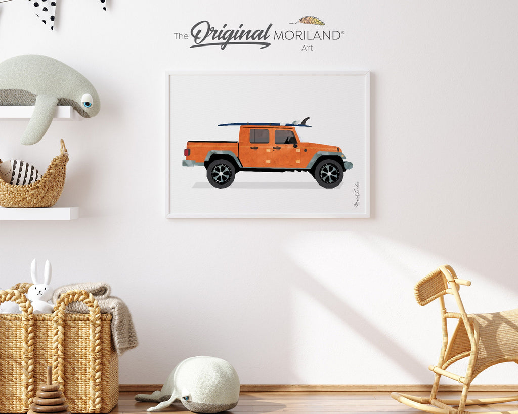 Truck with Surfboard Printable, Surfboard Wall Art, Surf Art, Transportation Decor, Classic Car Wall Art, Coastal Bedroom Poster, MORILAND®