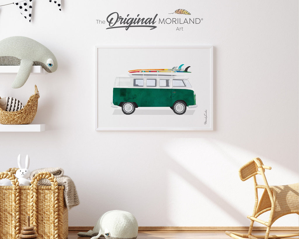 Dark Green Van Print, Classic Car Art, Vintage Surf Printable, Vehicle Wall Art, Surf Art, Surfboard, Nursery Prints, Coastal Bedroom Art