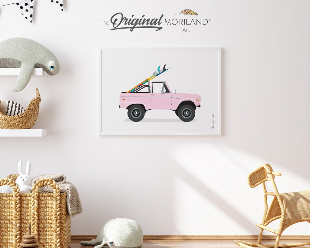 Vintage Pink Car Print, Printable Surfboard Wall Art, Surf Art, Transportation Decor, Car Wall Art, Coastal Bedroom Poster, MORILAND®