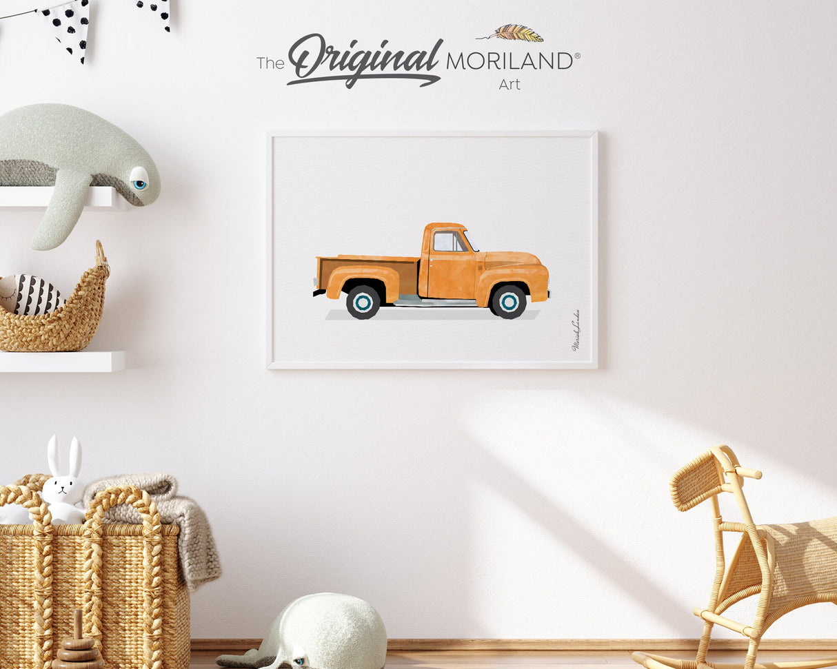 Orange Old Truck Print, Pickup Truck Wall Art, Car Print, Nursery Prints, Car Printable Poster, Toddler, Transportation Art, MORILAND®