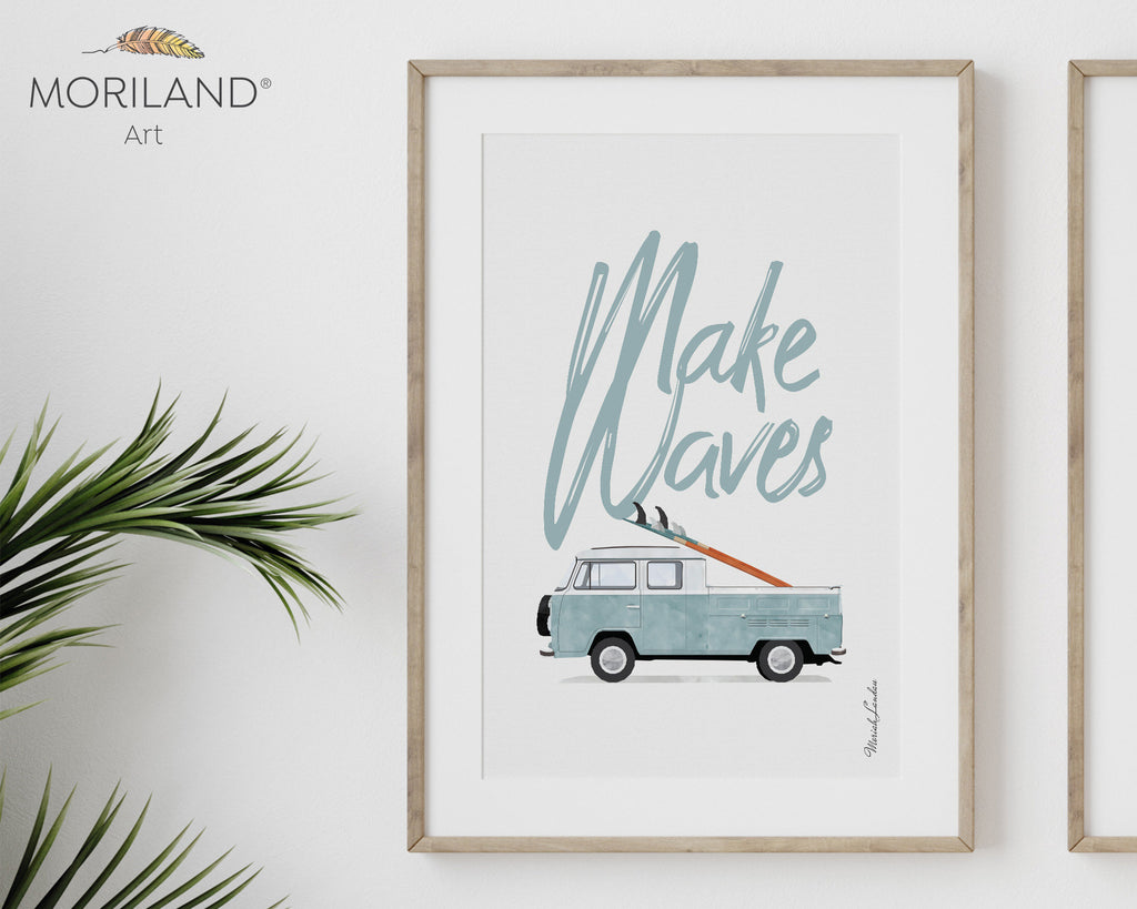 Make Waves Print, Printable Surfboard Wall Art, Van Print, Nautical Art, Surf Nursery Decor, Coastal Bedroom Poster | MORILAND®