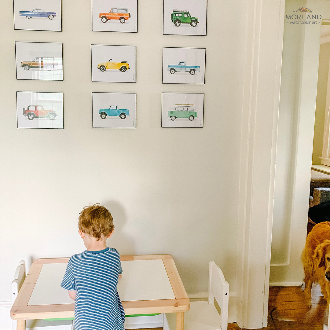 watercolor classic trucks wall art print for boy room decor - by MORILAND