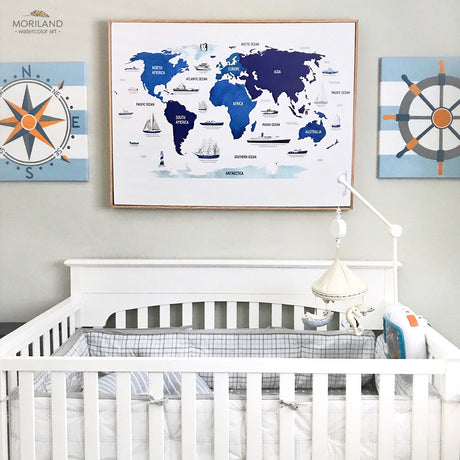 Navy Blue Nautical World Map Wall Art Print for Boy Room and Nursery Decor