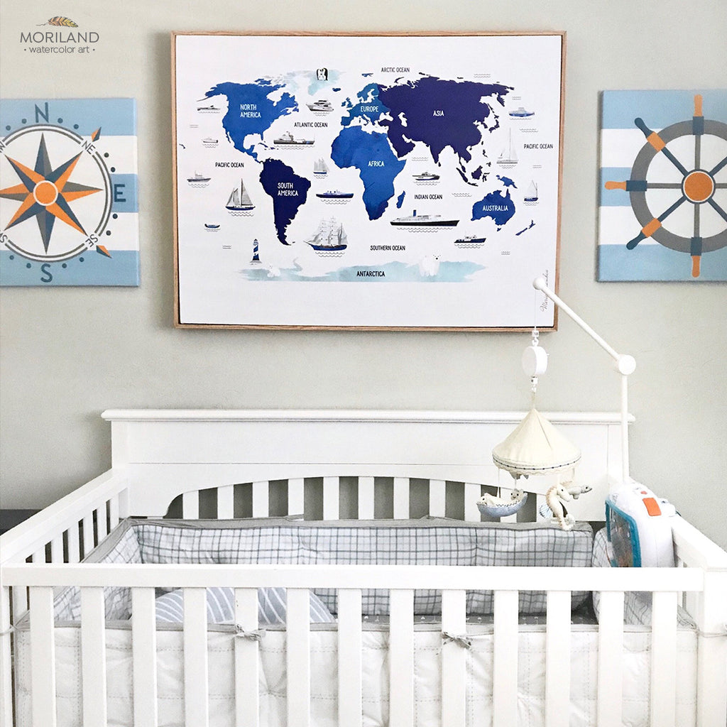 Navy Blue Nautical World Map Wall Art Print for Boy Room and Nursery Decor