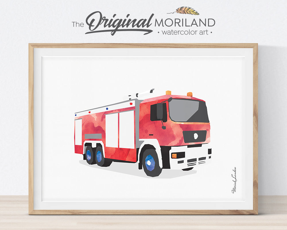 Firetruck print, Set, Fire Engine, Ladder Truck Decor, Firetruck Birthday, Fire Truck Printable, Transportation Wall Art, Poster, Gift, Watercolor, Toddler, Boy Bedroom Art