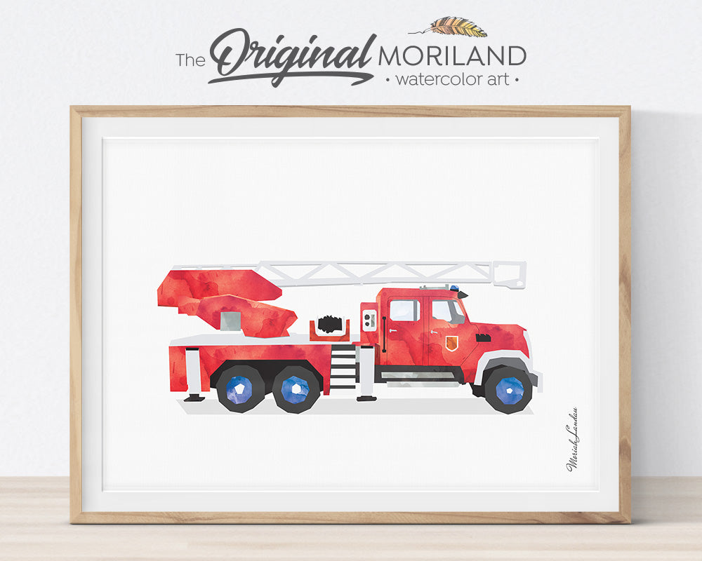 Firetruck print, Set, Fire Engine, Ladder Truck Decor, Firetruck Birthday, Fire Truck Printable, Transportation Wall Art, Poster, Gift, Watercolor, Toddler, Boy Bedroom Art