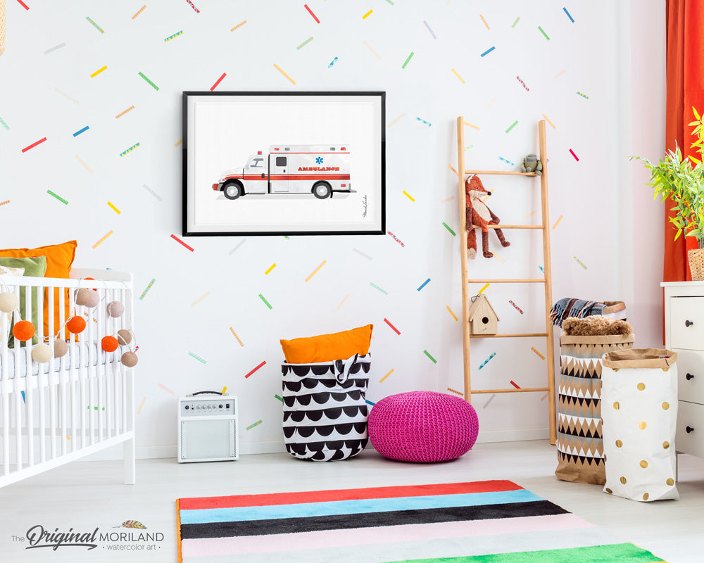 Watercolor Ambulance Wall Art Print for Boy Bedroom Decor