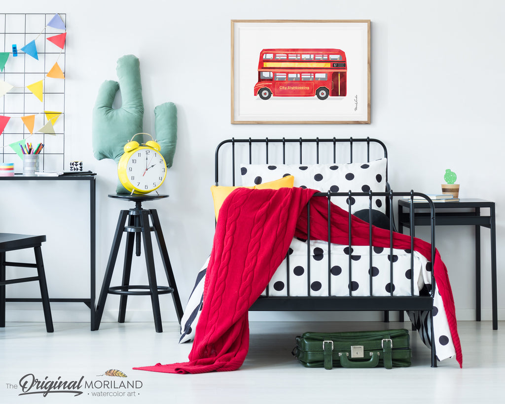 Watercolor Double Decker Red Bus Print for kids room decor by MORILAND