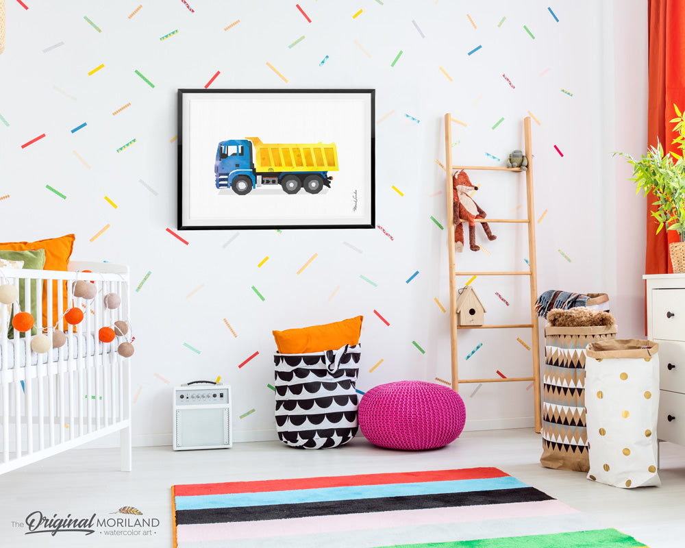 Dump truck watercolor wall art print for boy room and nursery decor