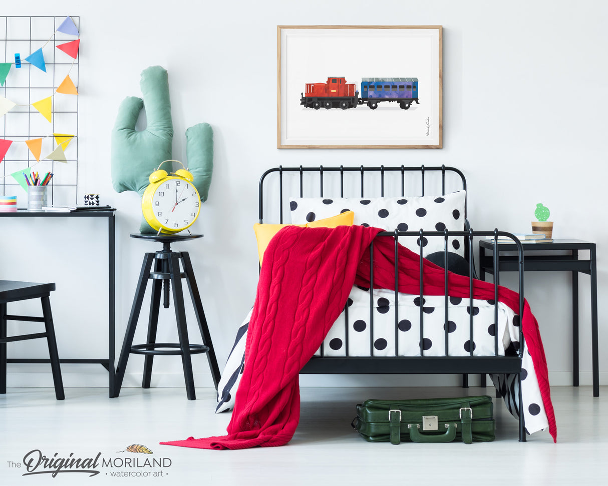 Train wall art print for boy room and nursery decor, watercolor