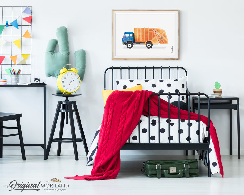 watercolor old garbage truck printable art for boy bedroom decor by MORILAND