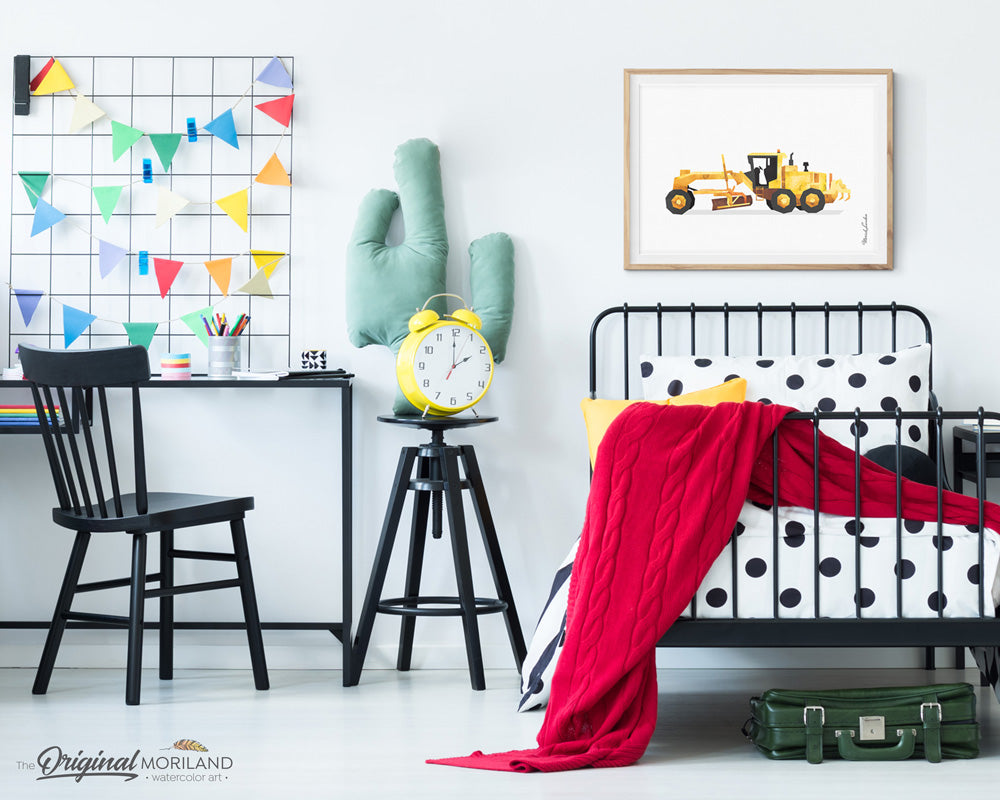 Grader construction watercolor wall art print for big boy room decor