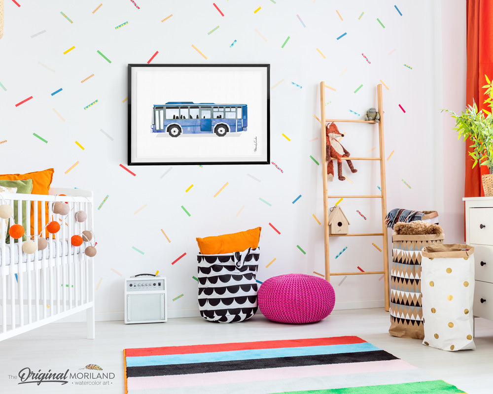 watercolor Bus wall art for boys bedroom decor