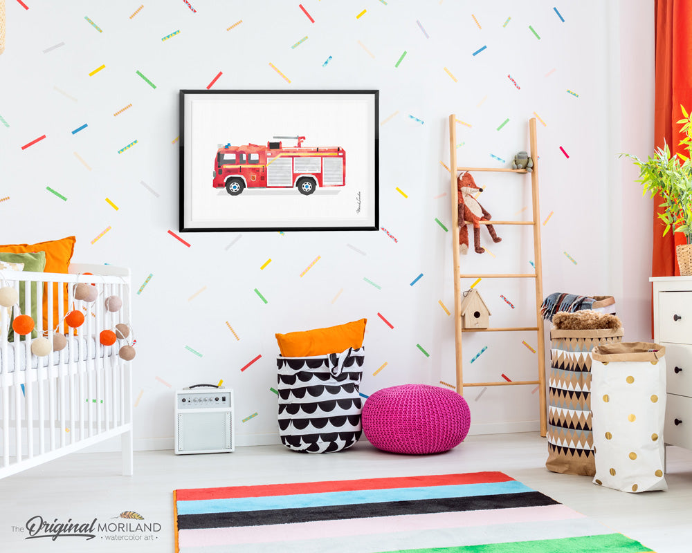 fire truck watercolor wall art print for boy room and nursery decor