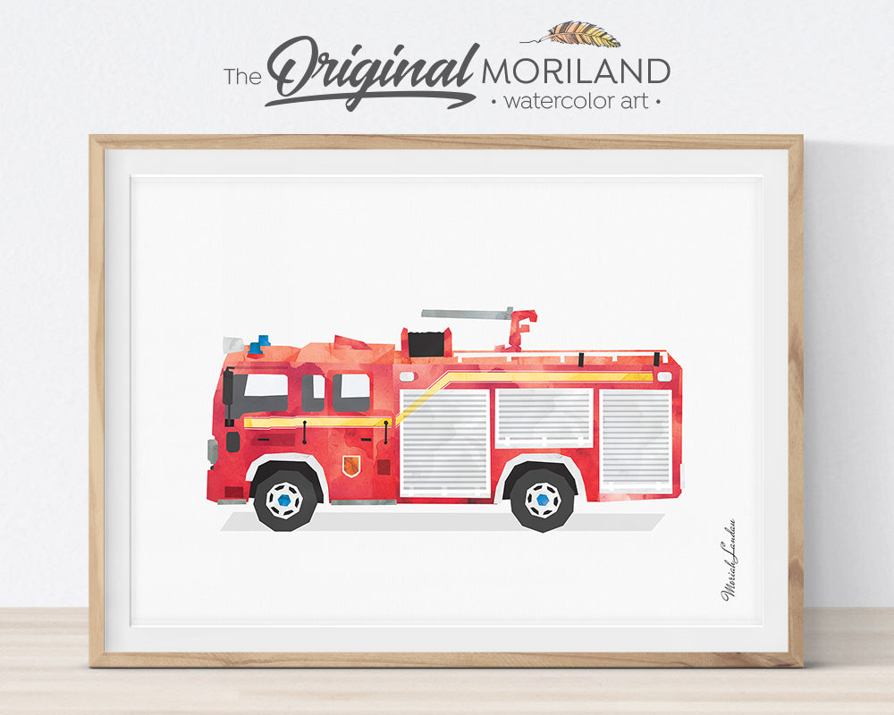 Firetruck print, Set, Fire Engine, Ladder Truck Decor, Firetruck Birthday, Fire Truck Printable, Transportation Wall Art, Poster, Gift, Watercolor, Toddler, Boy Bedroom Art