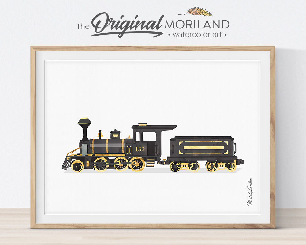 black and gold vintage train art print