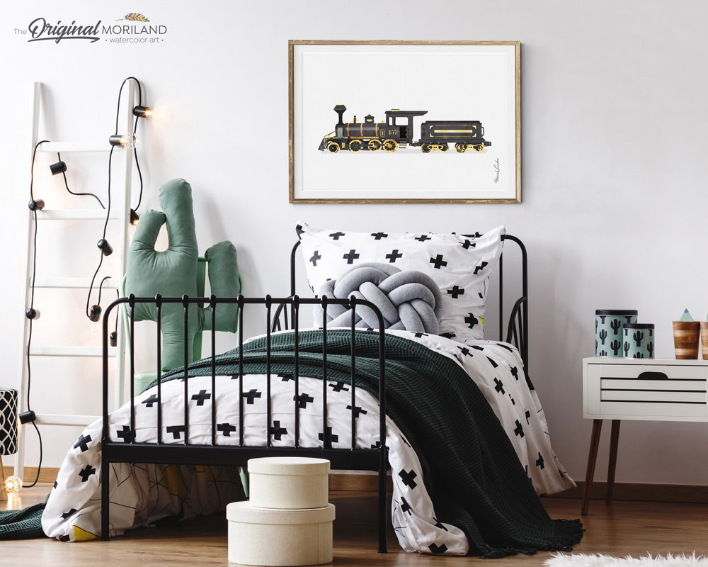 Black Watercolor Train Wall Art for Kids Room Decor