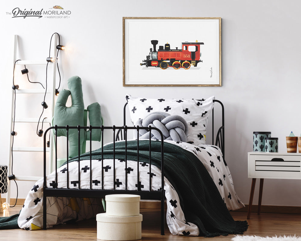 Red Steam Locomotive Train Watercolor Wall Art for Boys Bedroom and Playroom Decor