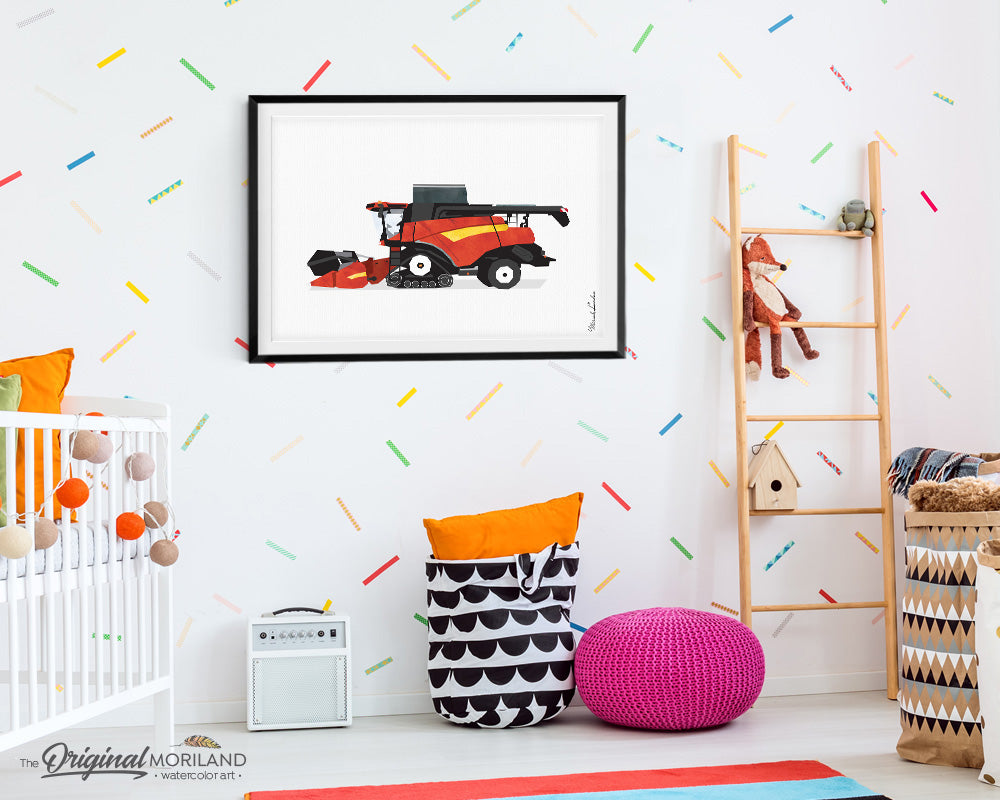 Red Combine Harvester Print - Printable Art for boy bedroom decor