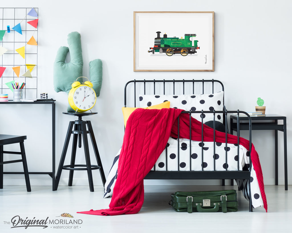 Watercolor train locomotive print for boy room decor by MORILAND