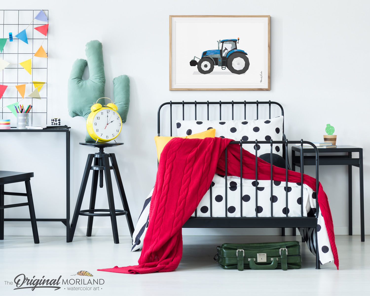 Blue Watercolor Tractor Wall Art for Boys Farm Room Decor