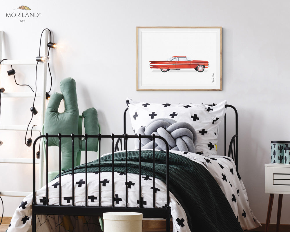 Chevrolet Impala red classic wall art print for kids bedroom and playroom decor, watercolor illustration