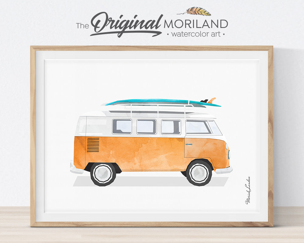 Transportation Wall Art, VW Bus, Van, Surfboard, Print, Nursery Printable