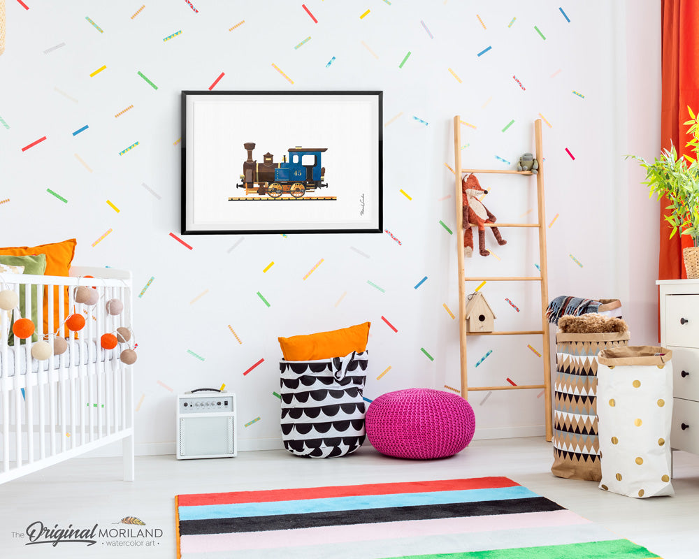 Steam Train Locomotive Watercolor Art for Boy room Decor