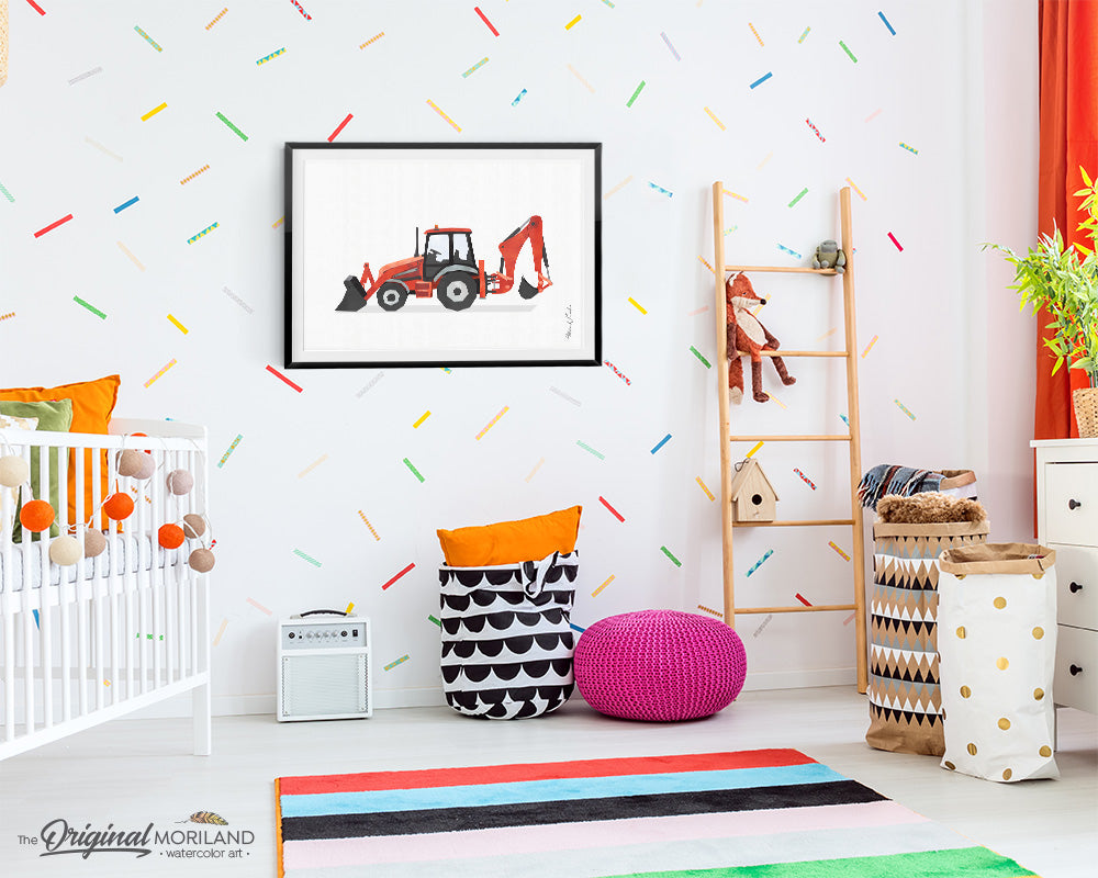 Red Digger Backhoe Wall Art Print for Boys Room Decor