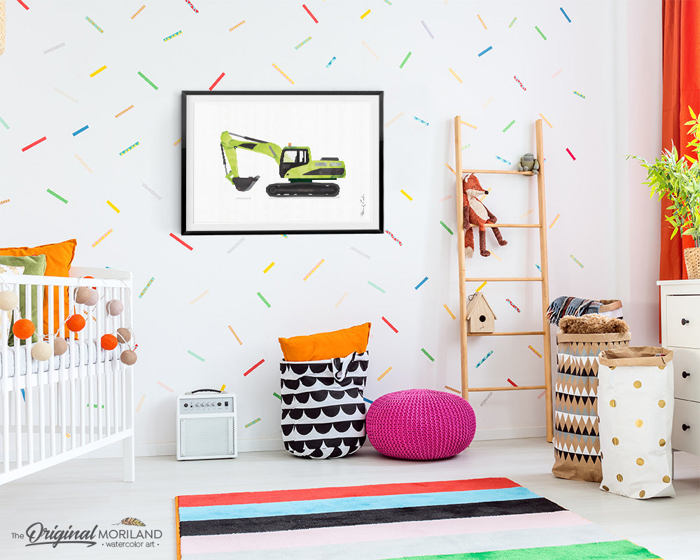 Green watercolor excavator digger wall art print for boy bedroom and nursery decor