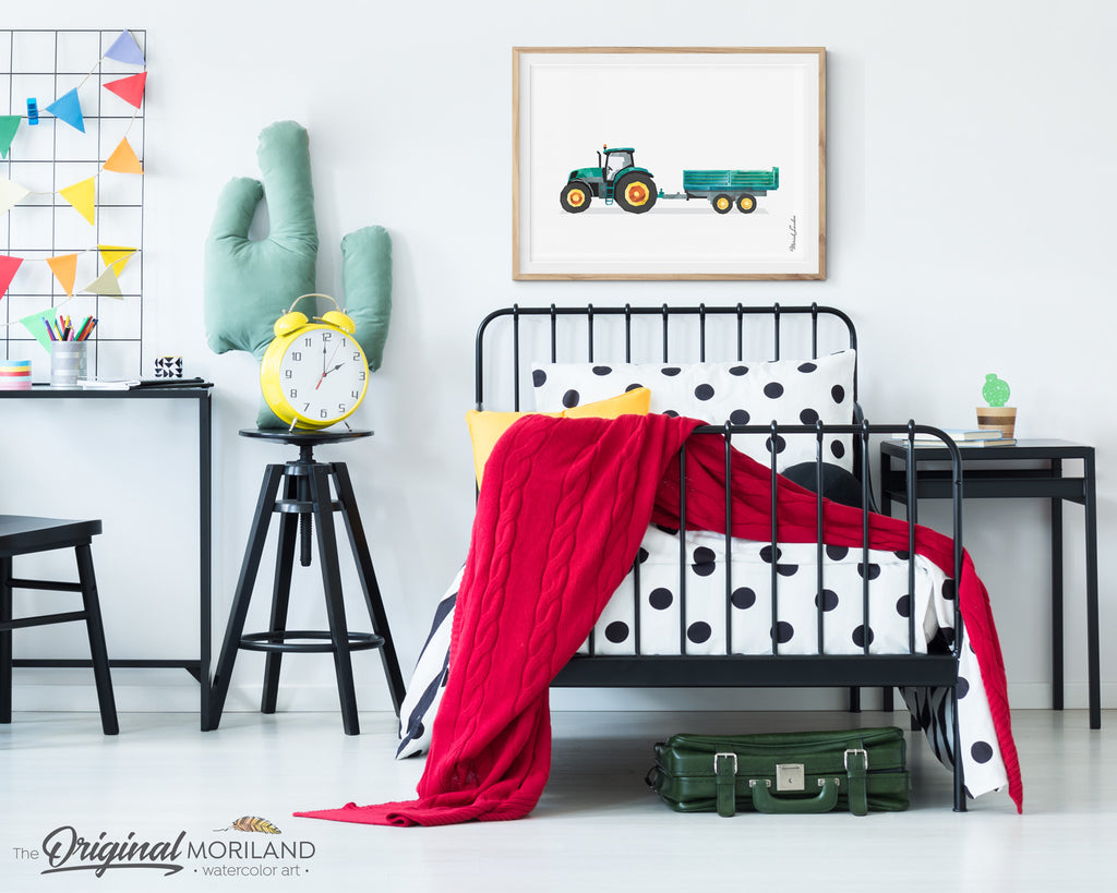 Tractor with Trailer Wall Art Print for Farm Theme Bedroom Decor
