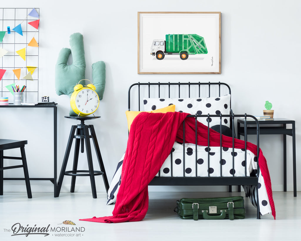 Watercolor Garbage truck printable for birthday and bedroom decor