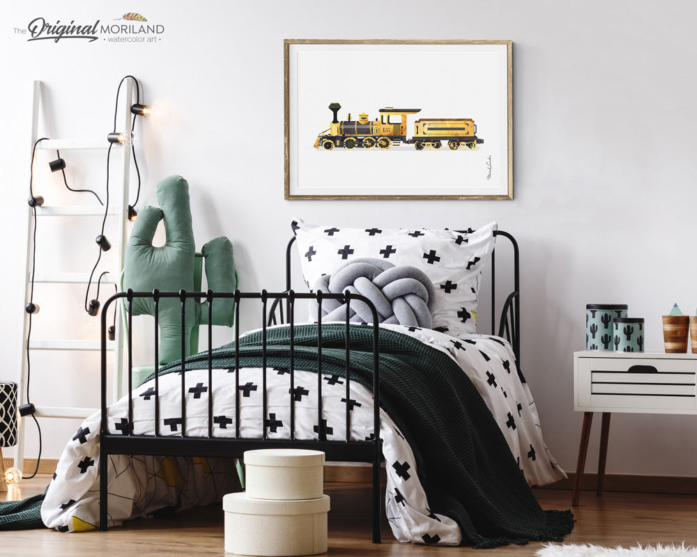 Yellow Train Wall Art for Boys and Girls Bedroom Decor 