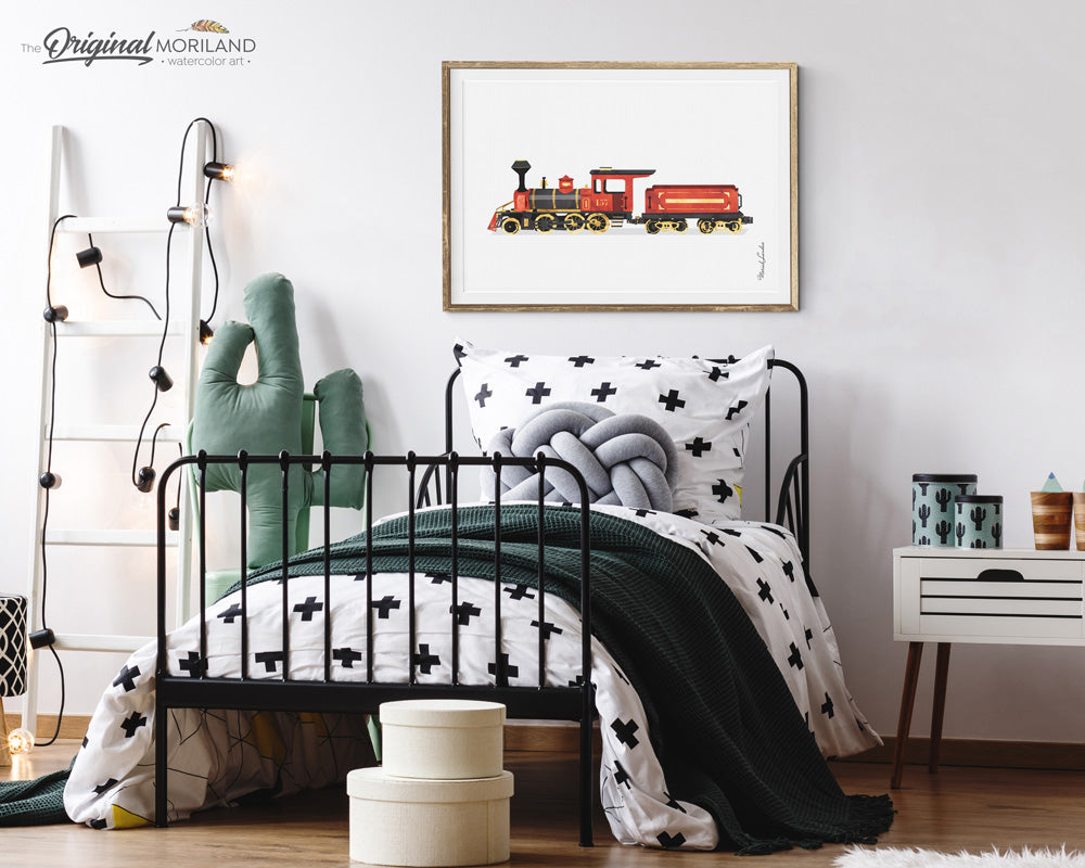 Red Watercolor Train Printable Wall Art for Toddler Bedroom Decor