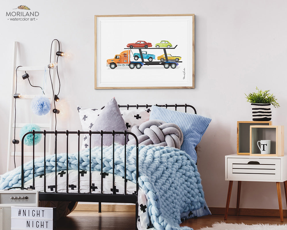 Car carrier truck wall art print for boy bedroom and nursery decor