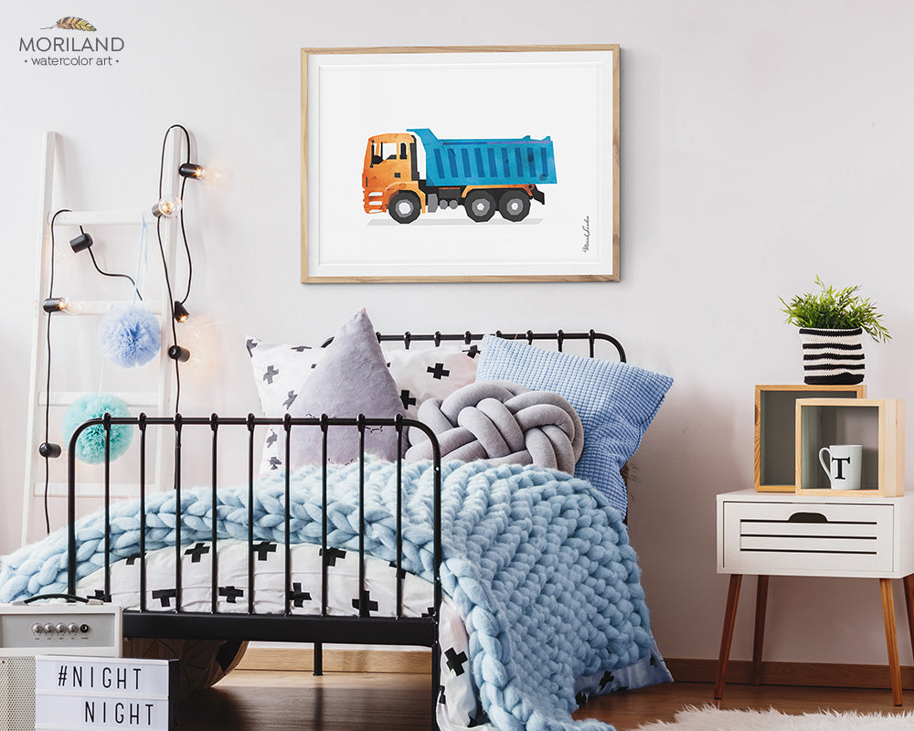 Dump truck watercolor wall art print for boy room and nursery decor