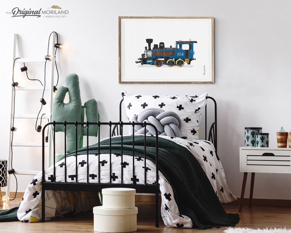 Blue Steam Locomotive Watercolor Wall Art for Kids Bedroom Decor