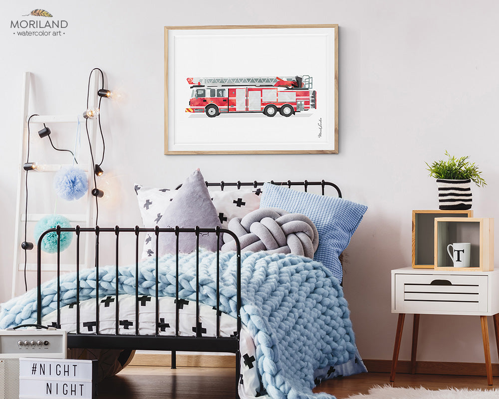fire truck watercolor wall art print for boy room and nursery decor