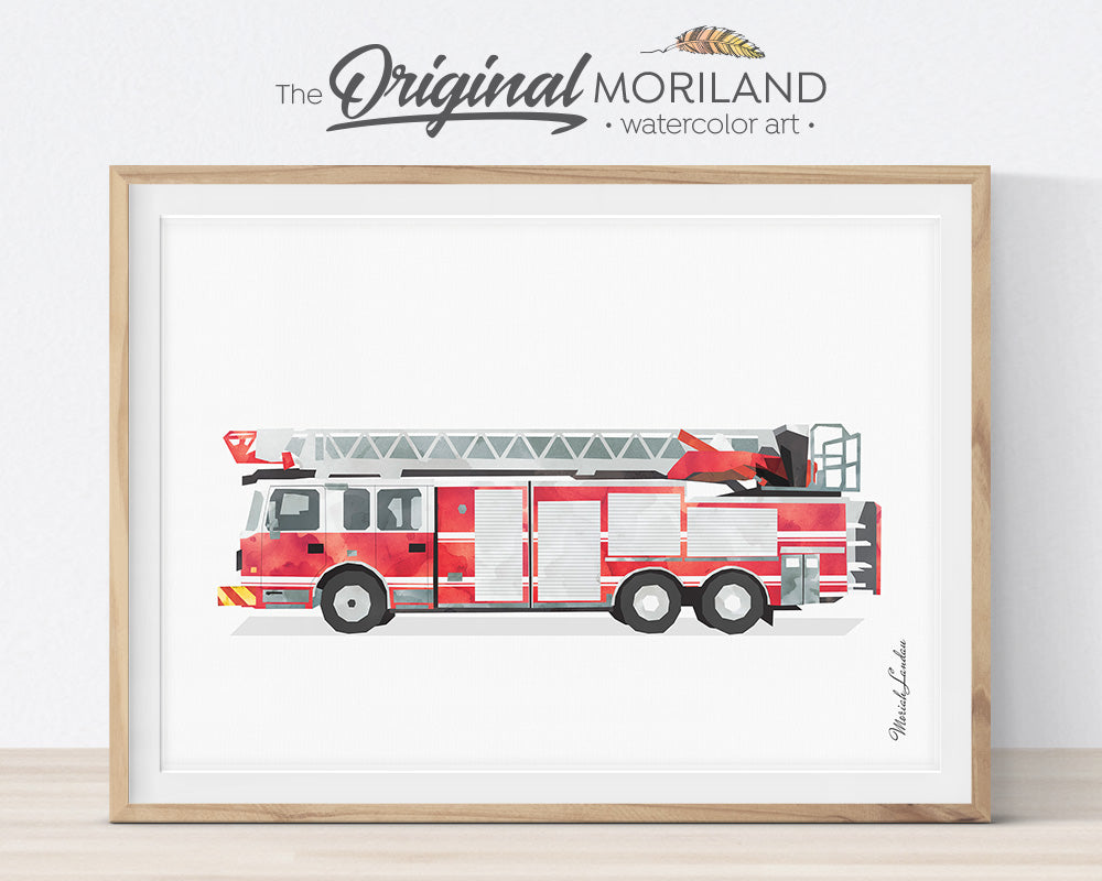 Firetruck print, Set, Fire Engine, Ladder Truck Decor, Firetruck Birthday, Fire Truck Printable, Transportation Wall Art, Poster, Gift, Watercolor, Toddler, Boy Bedroom Art