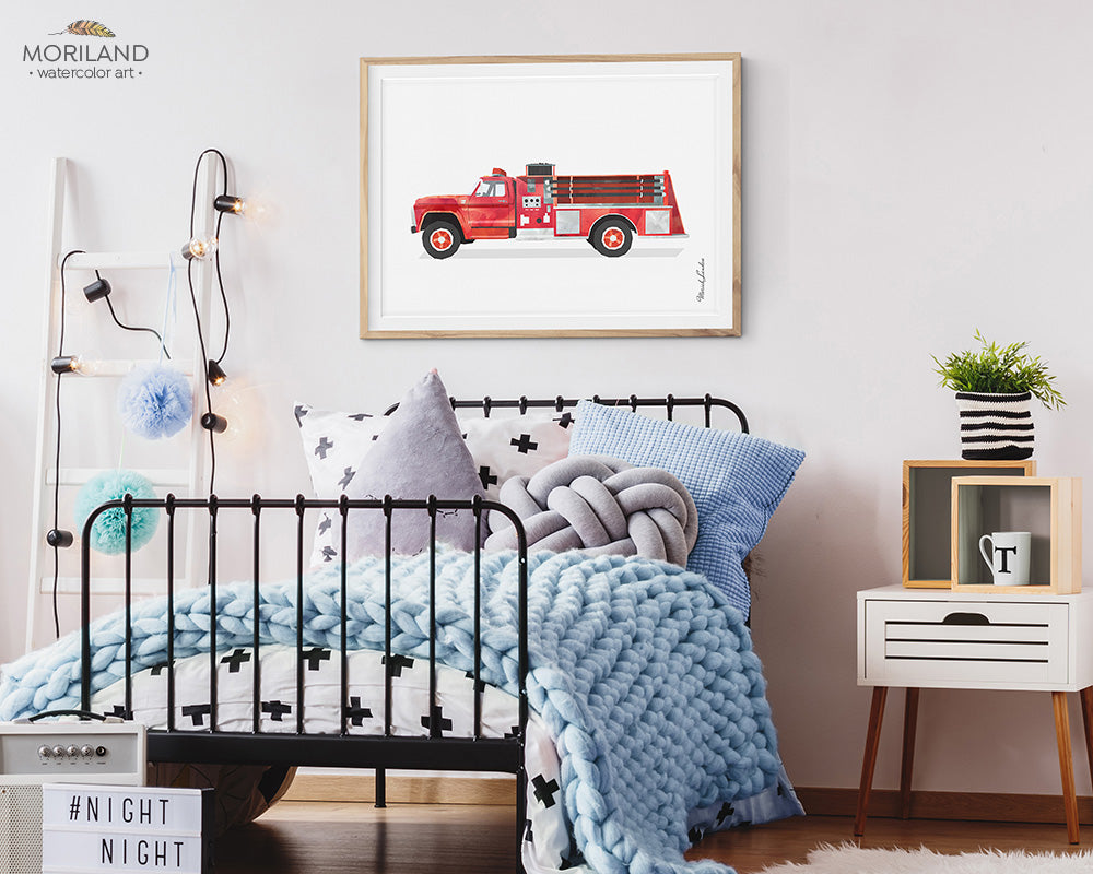 Vintage fire engine fire truck wall art print for boy room decor