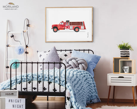 Vintage fire engine fire truck wall art print for boy room decor
