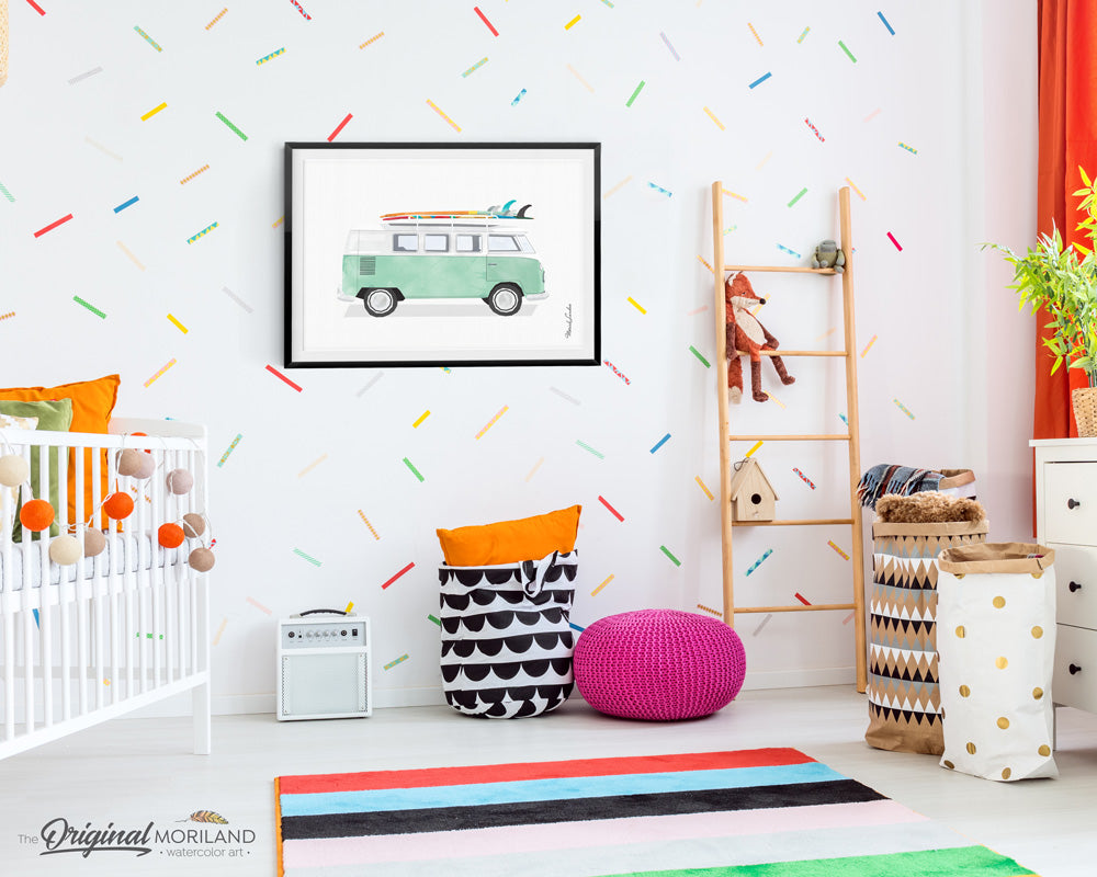 VW bus Wall Art with surfboard for girl decor