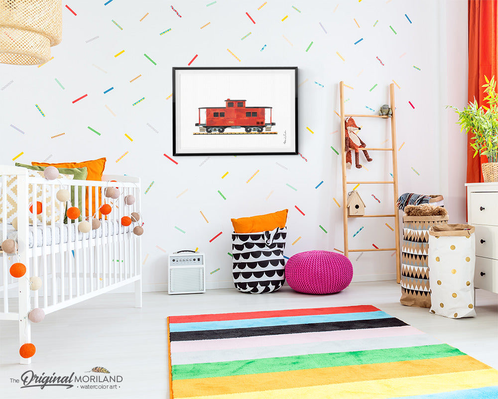 Caboose train watercolor wall art print for boy bedroom decor
