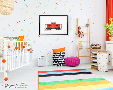 Caboose train watercolor wall art print for boy bedroom decor