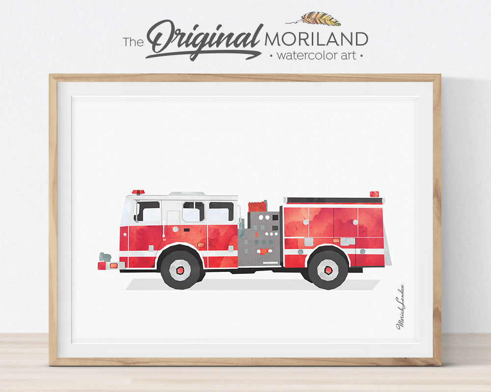 Firetruck print, Set, Fire Engine, Ladder Truck Decor, Firetruck Birthday, Fire Truck Printable, Transportation Wall Art, Poster, Gift, Watercolor, Toddler, Boy Bedroom Art