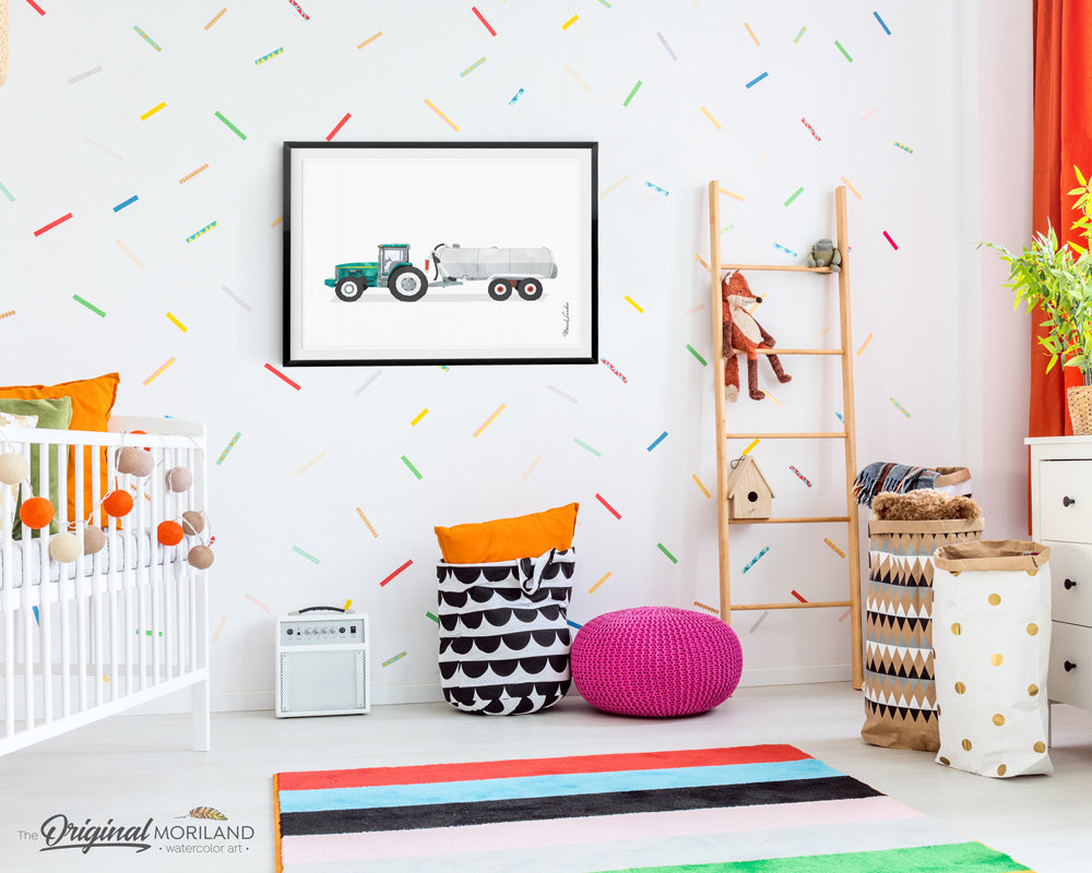 tractor with tanker watercolor wall art print for boy room and nursery decor