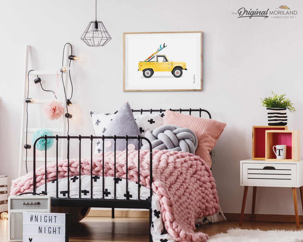 Bronco Wall Art Print with surfboard for kids room decor