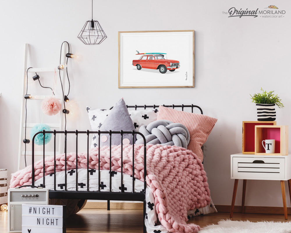 Vintage Holden car with surfboard wall art print for kids room decor