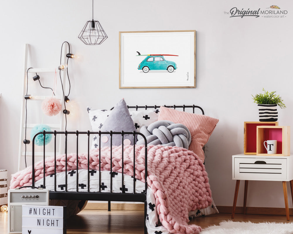 Fiat 500 Print with Surfboard Wall Art print for kids room decor